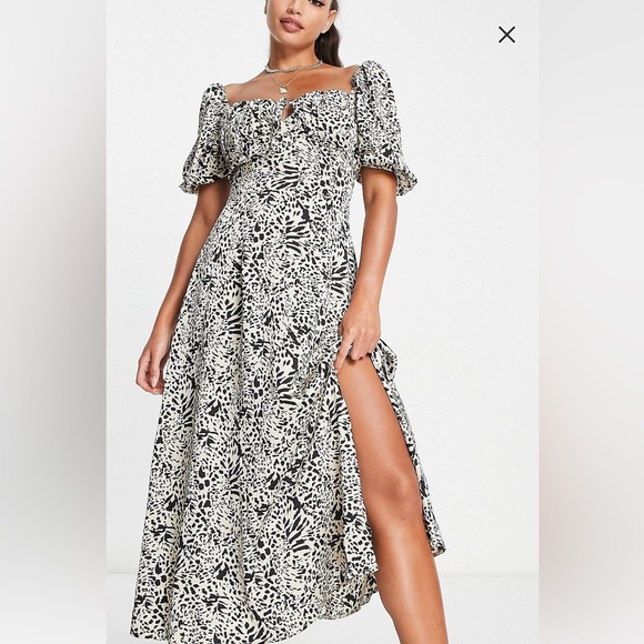 [NWT] Missguided Tall Milkmaid Midaxi Puff Sleeve Animal Print Dress - Picture 1 of 3
